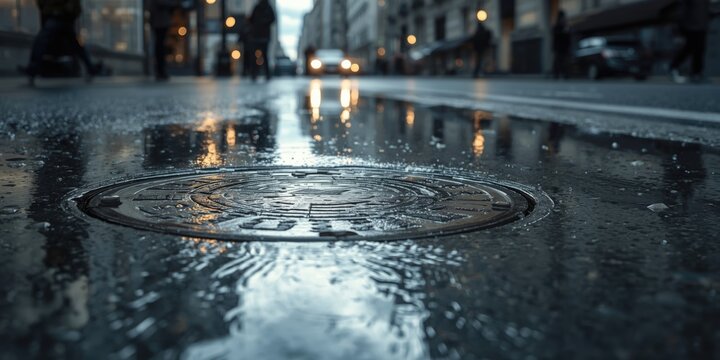 Street in wet conditions highlighting open sewer vault cover