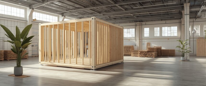 Wooden Frame Structure Under Construction in Spacious Industrial Environment