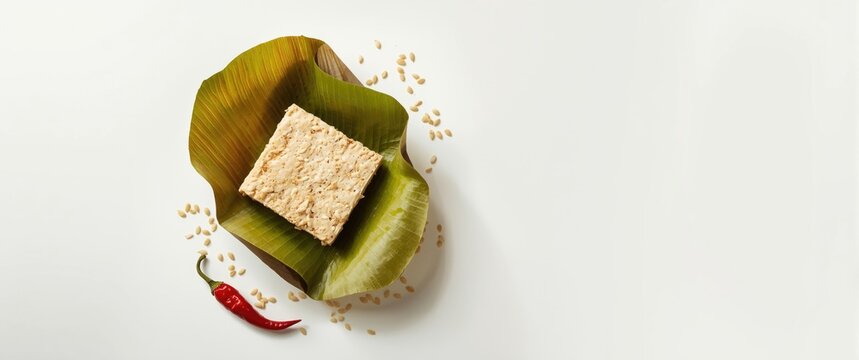 Tofu Slice Served on Banana Leaf with Chili Pepper and Sesame Seeds