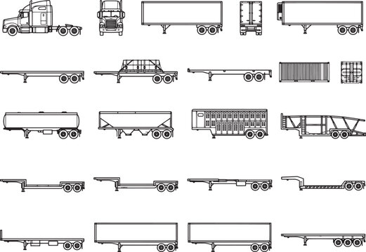 A collection of black and white line drawings showcases various types of truck trailers, including flatbeds, tankers, and container chassis.
