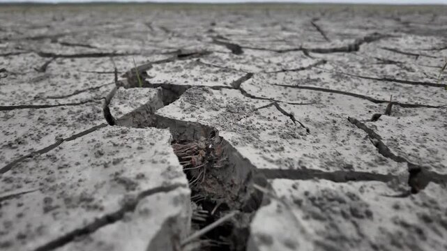 Dry cracked earth soil surface texture close up moving footage.