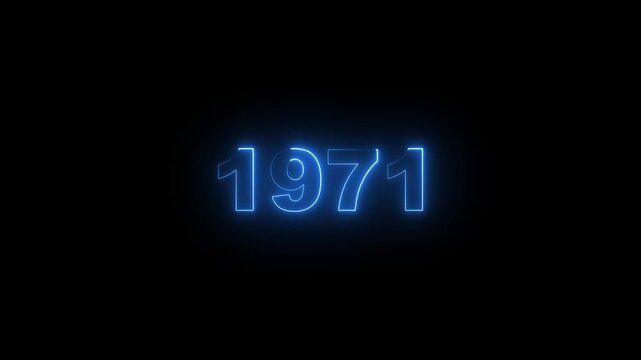 1971 neon glowing number animation on black background, retro style digital date sign year