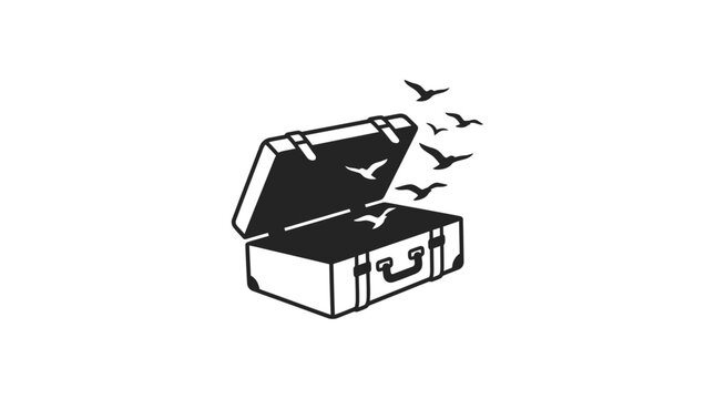 A minimalist black and white illustration of an open suitcase with birds flying out.