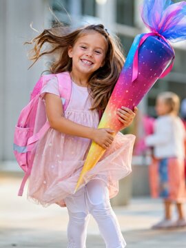 Erster Schultag in Deutschland: Ein fr&ouml;hliches M&auml;dchen rennt mit gro&szlig;er Schult&uuml;te und rosa Schulranzen voller Begeisterung &uuml;ber den Schulhof und strahlt pure Vorfreude aus.