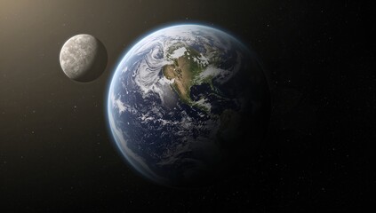 Earth Viewed from Space with Moon in Background and Bright Lighting © Giovanni