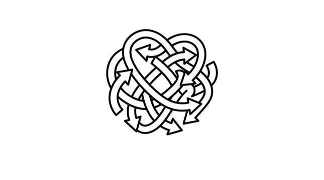 A complex tangled knot of interconnected arrows forming a circular abstract design.