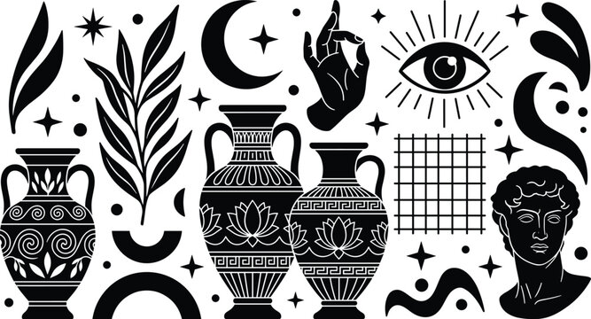 Mystical Antique Greek Element Set with Amphora Vases, David Sculpture Bust, Evil Eye, Crescent Moon, and Botanical Leaves for Esoteric Graphic Designs