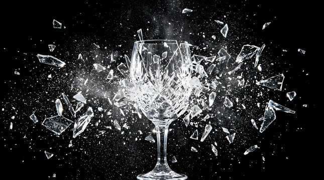 Close up action shot of a wine glass exploding into numerous sharp fragments set against a dark background with shattered, explosion