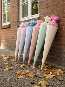 Schulanfang in Deutschland: Mehrere pastellfarbene Schult&uuml;ten lehnen an einer Backsteinwand und schaffen ein stilvolles Motiv rund um Einschulung, Herbst und neue Schulanf&auml;nge.