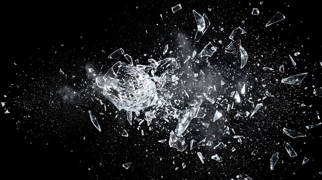 Violent destruction of a glassware item showing fine crystal particles and sharp debris floating in midair with glassware, shattered