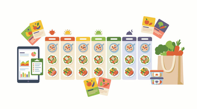 Digital tablet displays food plan with grocery bag and meal prep containers