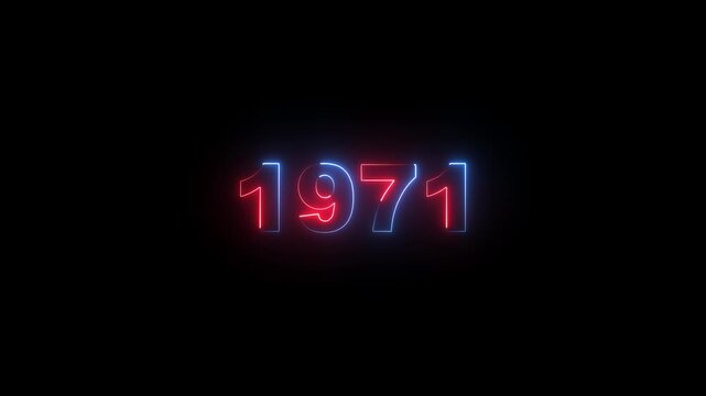 1971 neon sign animation, retro glowing number for vintage style projects year