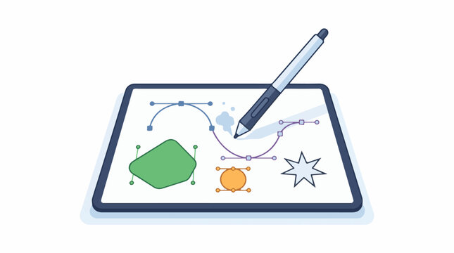 Digital tablet with stylus drawing vector shapes and curves
