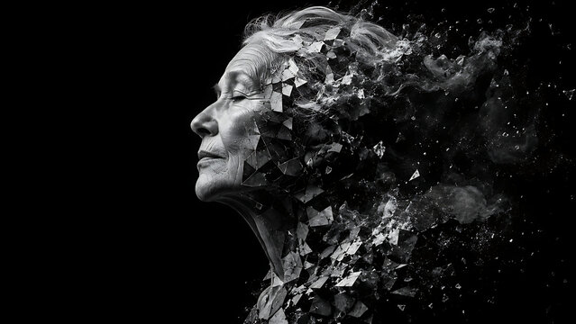 Elderly woman portrait dissolving into particles with a black background conceptual art