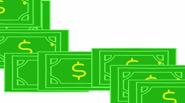 Green dollar bills cascade down in a flowing motion. Each bill features a yellow dollar symbol. Simple lines define the bill's shape and design. White background provides a clean, uncluttered canvas