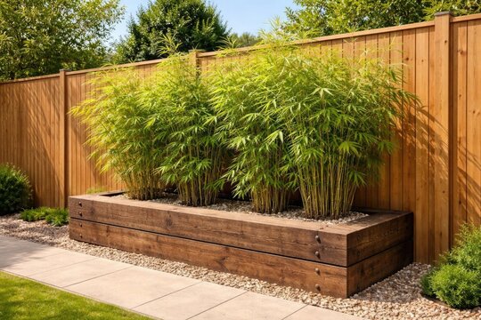 Bamboo Plants Growing in a Wooden Planter Box in a Sunny Garden Setting