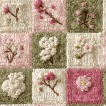 Seamless Knitted Patchwork Blossom Pattern with Pink Green and Cream Floral Squares for Spring Fabric Wallpaper and Textile Design