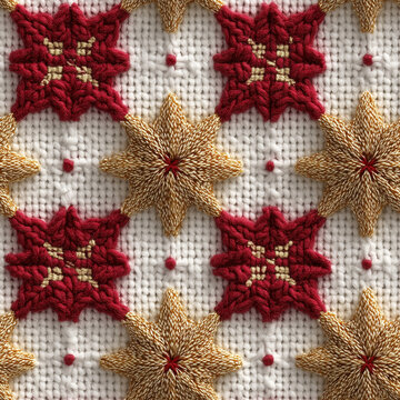 Seamless Knitted Christmas Pattern with Red Poinsettias and Golden Stars on White Textile for Holiday Fabric Wallpaper and Surface Design