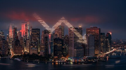 Fototapeta premium Cinematic view of a futuristic city skyline at night with a glowing V-shaped light pattern in the clouds above illuminated skyscrapers and waterfront.