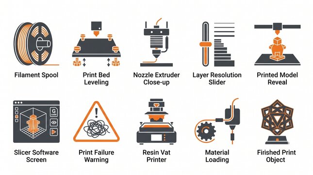 3D Printing Technology Flat Icon Set for Maker App Design