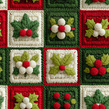 Seamless Crochet Holly Berry Pattern in Red Green and White Granny Squares for Christmas Fabric Wallpaper and Holiday Textile Design
