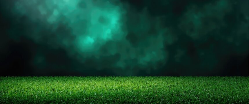 Lush Green Grass Field Under Mysterious Dark Turquoise Clouds