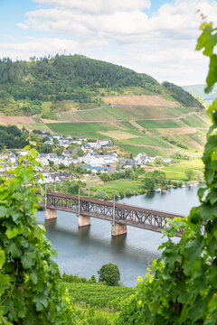 Double deck bridge, cannons railway connects towns of Bullay and Alf, regional train crossing moselle river in Rhineland Palatinate, Germany, Mosel valley