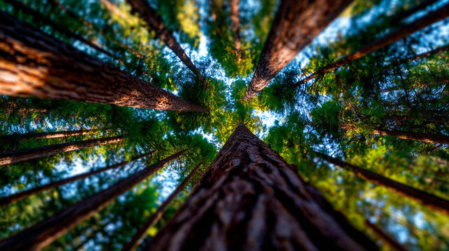 Low angle view up into tall majestic redwood trees in a dense forest canopy with landscape
