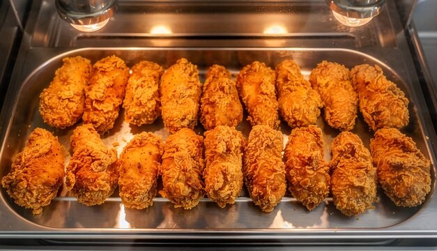 Top-down overhead view of crispy golden fried chicken pieces arranged on a stainless steel tray under warm heat lamps inside a fast-food restaurant display warmer. Commercial food photography.