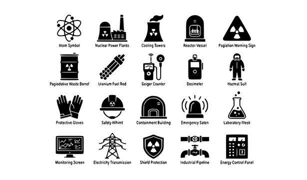 :
Nuclear Power Plant and Radiation Flat Icons Black Vector Set for Energy and Safety