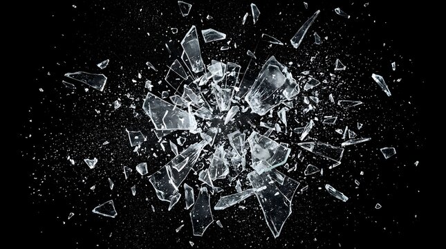 Dynamic explosion of transparent glass fragments scattering against a solid black background with explosion shattered fragments