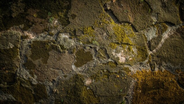 Textured Stone Wall Covered with Moss and Lichen in Natural Light