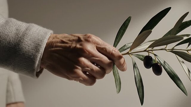 Elderly hand holding an olive branch with ripe fruit.