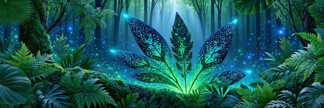 Enchanted forest with glowing magical plants and ethereal fairy lights at night