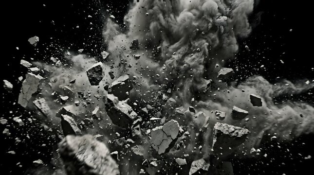 Massive explosion of stone boulders and dark dust clouds isolated on a black background with explosion boulders fragments abstract