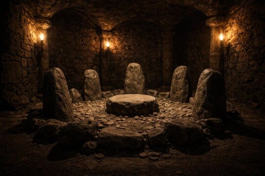 Ancient Stone Circle Altar in Dimly Lit Chamber - Gothic Atmosphere, Mysterious Feel