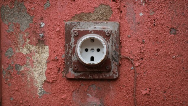 Old Electrical Outlet on a Weathered Red Wall with Peeling Paint