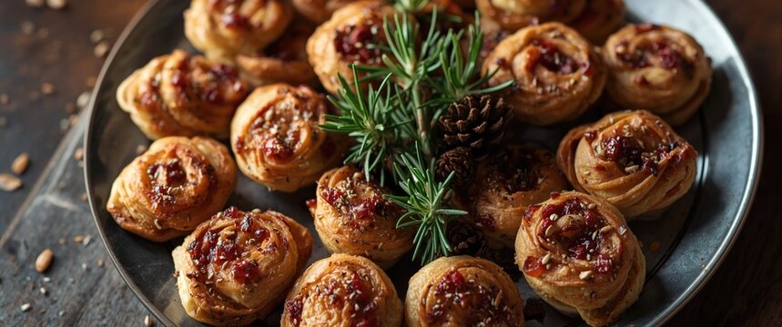 Savory Pastries Topped with Herbs and Pine Cones in a Rustic Plate Setting