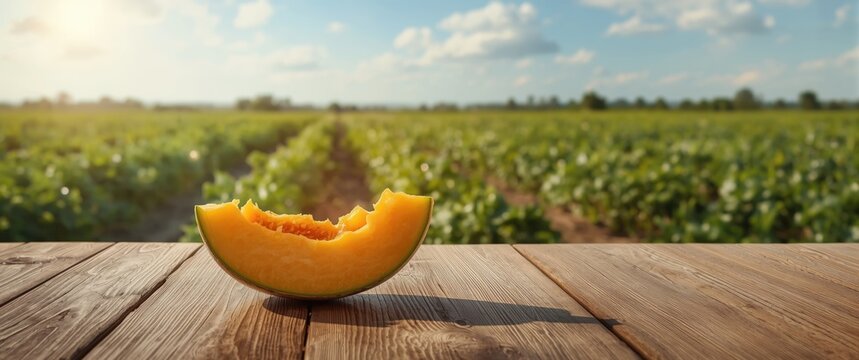 Melon Slice on a Wooden Table with a Sunny Agricultural Field Background