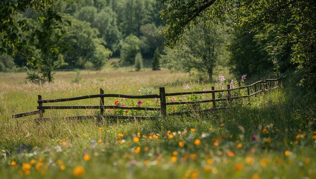 Wooden Fence Surrounding Colorful Wildflowers in a Lush Meadow on a Sunny Day