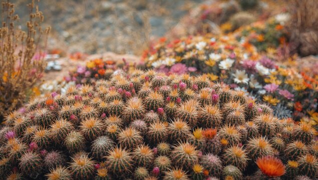 Colorful Blooming Cacti and Succulent Plants in a Vibrant Desert Landscape