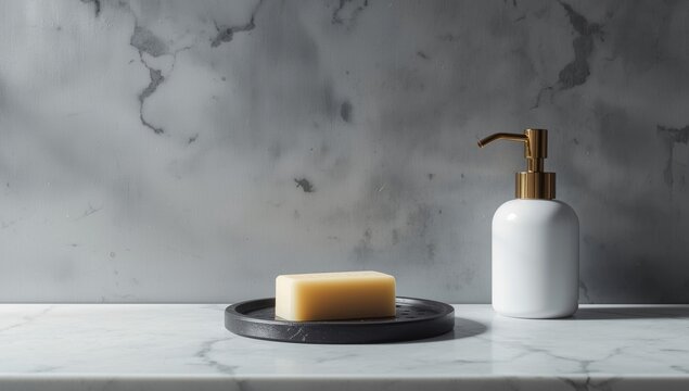 Minimalist Soap and Lotion Dispenser on Marble Countertop with Soft Shadows
