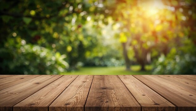 Rustic Wooden Tabletop with Blurred Garden Background at Sunset