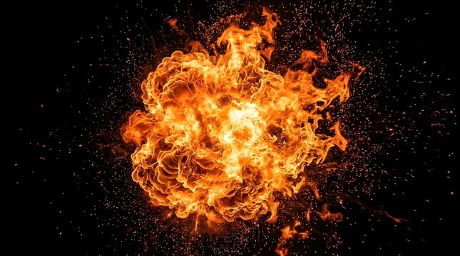Fiery explosion with bright orange flames and glowing embers against black background explosion background combustion particles