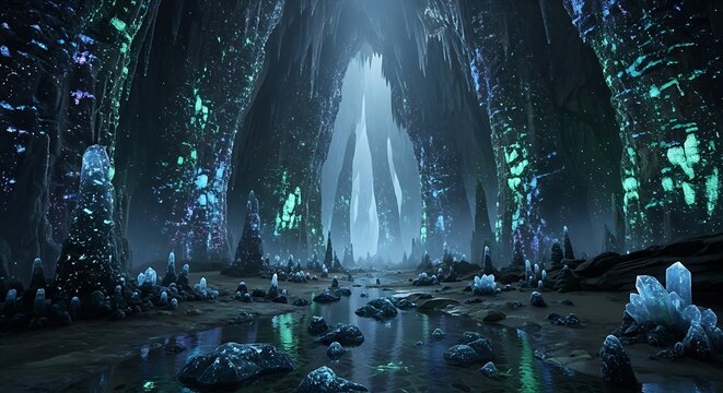 Mystical fantasy interior featuring glowing blue pillars and a grand archway in a cave-like setting.