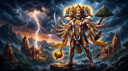 Fototapeta premium Mythical warrior god with multiple arms wielding weapons and symbols amidst stormy mountain landscape with ancient temples and