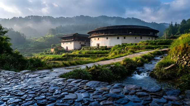 Traditional Fujian Tulou Hakka Earth Building in Green Terraced Hills, Cobblestone Path, Mountain Stream, Misty Countryside Landscape, Asian Cultural Travel Destination