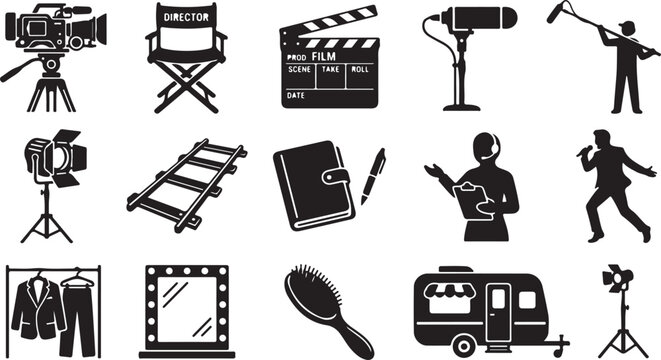 Set of black and white production featuring a camera, director chair, clapperboard, boom microphone, lighting equipment, dolly tracks, wardrobe, makeup mirror, and trailer