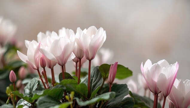 Cyclamen Flowers Blooming in Soft Pink Hues with Green Leaves