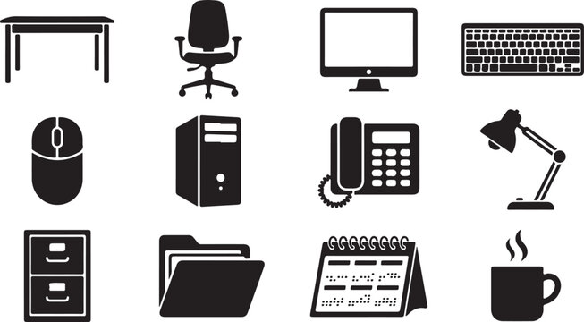 Set of black silhouette depicting office equipment, including a desk, swivel chair, computer monitor, keyboard, mouse, tower pc, landline telephone, desk lamp, filing cabinet, folder, calendar